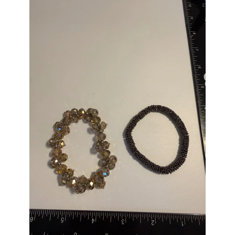Set‎ of 2 Beaded Stretch Bracelets Amber Crystal and Gunmetal Seed Bead Boho